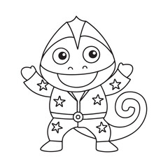 Happy cartoon chameleon wearing a star-patterned jacket and pants with a curly tail lizard reptile