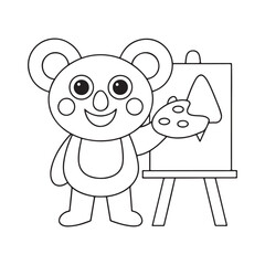 Happy cartoon koala bear painting on a canvas with a palette and easel artist
