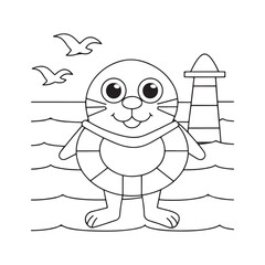 Happy cartoon seal with a life preserver in the ocean near a lighthouse and seagulls marine mammal