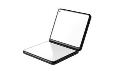A foldable, black tablet-like device, open
