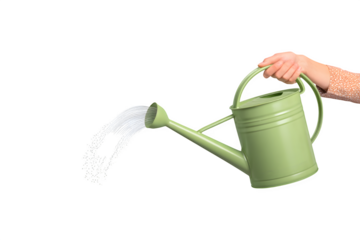A woman watering plants with a can in a photographic image
