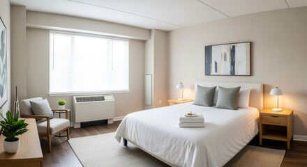 Fototapeta premium Bright modern bedroom with neutral decor and minimalist style 