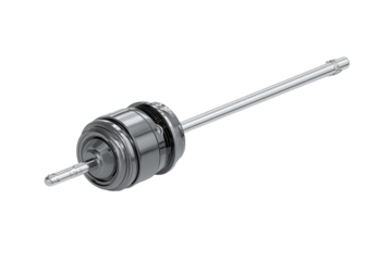 Close-up of a metallic shaft assembly.  A cylindrical shaft extends from a central, rotating component.  The components appear polished and are a dark gray/silver color.