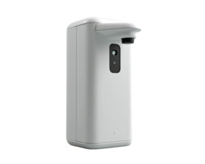 A light gray, rectangular, automatic hand soap dispenser.  It features a sensor and a spout