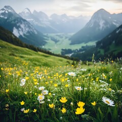 Fototapeta premium Scenic mountain valley wildflowers peaceful outdoor nature landscape seasonal tourism photo
