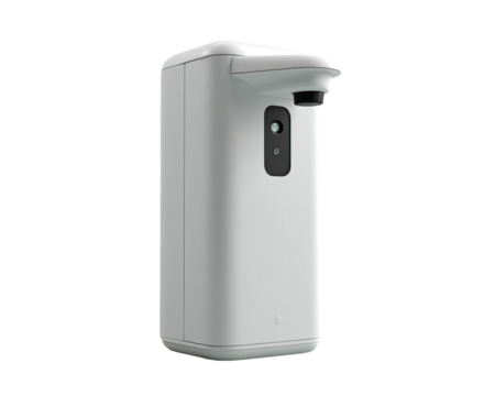 A light gray, rectangular, automatic hand soap dispenser.  It features a sensor and a spout