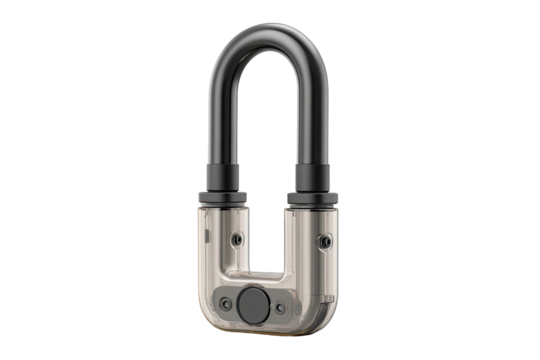 Dark gray U-shaped security lock with light gray accents.  Solid construction,  aimed at safeguarding against theft