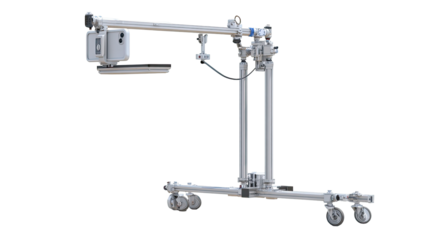 Light gray, adjustable, automated, mobile, industrial, platform,  vehicle.  Arm extends to a sensor/camera unit on top of a support structure with wheels for transport