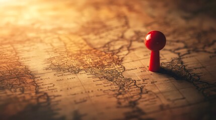 Red map pin on vintage paper map travel navigation location concept