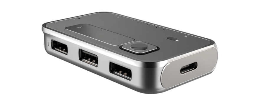 Compact gray USB hub with three ports and a small button
