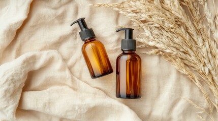 Fototapeta premium Amber glass cosmetic bottles with pump and dropper on beige cloth