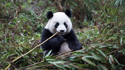 Obraz premium Giant panda relaxing amidst bamboo forest munching on a stalk Serene wildlife scene of this endangered animal in its natural habitat