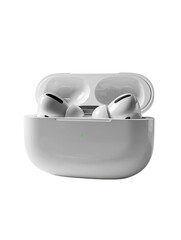 White wireless earbuds in charging case.  Open case reveals earbuds