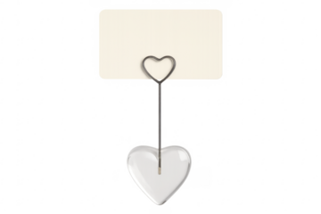Blank card hanging from a heart shaped paper holder on a transparent background