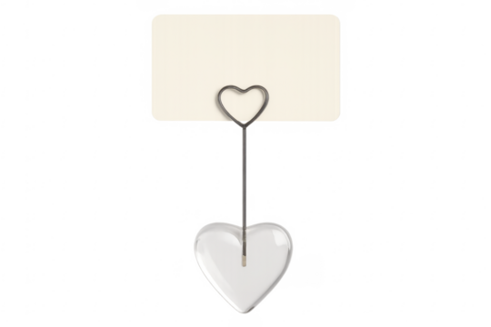 Blank card hanging from a heart shaped paper holder on a transparent background