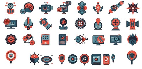 Dynamic collection of modern tech icons featuring robots, gears, computers, and abstract futuristic designs