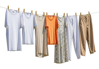 Various clean clothes hanging on a clothesline with wooden clothespins isolated on transparent background