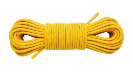 Coiled yellow rope, nylon rope, cable isolated on transparent background