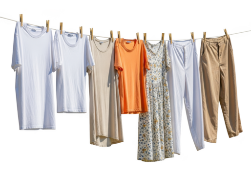 Various clean clothes hanging on a clothesline with wooden clothespins isolated on transparent background