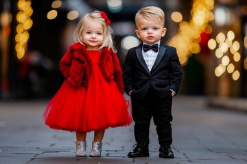 A little boy and a little girl in formal wear standing next to each other