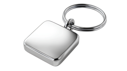 Polished, square-shaped keychain.  Metal keyrings are attached to a solid, square, blank metal charm