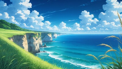 Anime aesthetic landscape ocean view cinematic composition