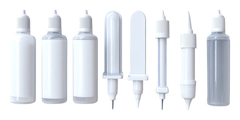 Row of white plastic bottles and droppers