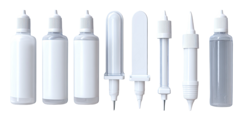 Row of white plastic bottles and droppers