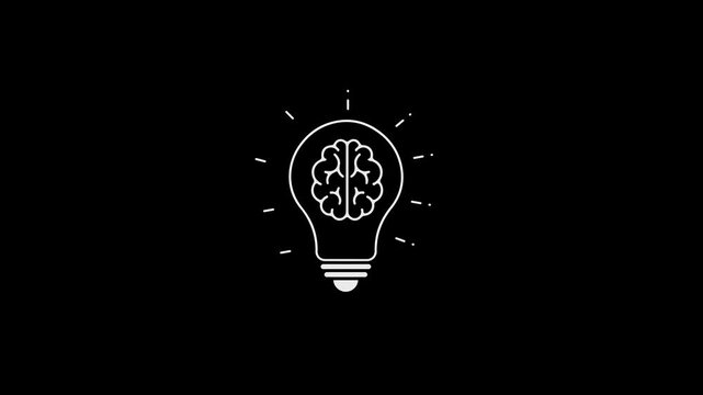 Animated digital bulb creativity innovation through fusion of brain inside glowing light form. illustrating ideas, solutions, smart thinking, intellectual power, AI visuals, learning process scenes.