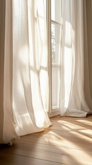 Cozy sunlight through window with flowing white curtains and shadows