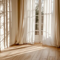 Cozy white curtains flowing in sunlight filled room