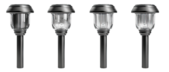 Four black solar-powered garden pathway lights.  Clear glass lampshades