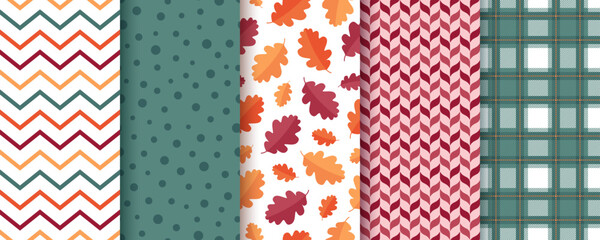 Autumn pattern. Seamless backgrounds with fall leaves, circles, check and zigzag. Set autumnal prints. Seasonal geometric textures. Collection harvest wallpapers. Vector illustration.