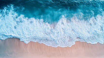Fototapeta premium Aerial view wave foam ocean sand beach tropical paradise