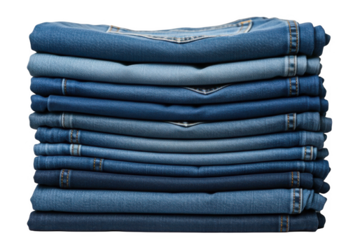 A stack of folded blue denim jeans showing various washes and styles isolated on transparent background
