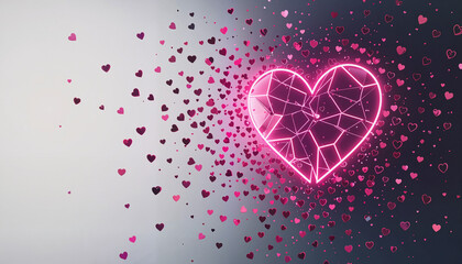 Broken heart with scattered hearts in pink neon style with space for text