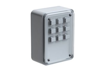 A light gray rectangular enclosure with clear plastic framing. It houses nine small, square buttons