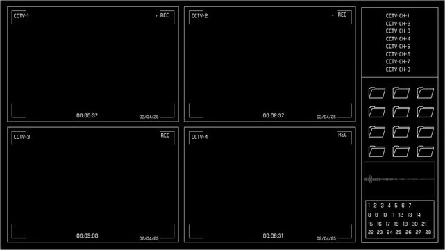 Four CCTV screens interface, recording indicators, file folders, digital calendar, waveform panel. for surveillance monitoring, security control panels, law enforcement dashboards, tracking systems.