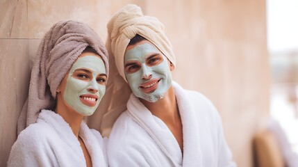 Couple Enjoying Spa Day: Relaxed couple with face masks and bathrobes smiling and enjoying a day of pampering at the spa #SpaDay #Relax