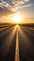 Road to the Horizon: A long, straight road stretches towards a bright, beaming sun on the horizon. The golden hour bathes the scene, creating a sense of endless possibilities.