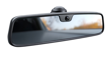 A modern, digital car rearview mirror with a built-in camera, showing a blurred background of a road and trees