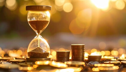 Golden Hour's Timeless Embrace: An antique hourglass and a gleaming pile of coins are beautifully captured during the golden hour, symbolizing the passing of time and the value of wealth.