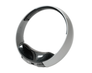 A circular, lightweight, white headset.  Inner components are dark gray/black