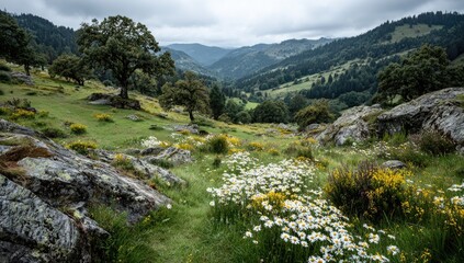 Naklejka premium Mountain meadow, wildflowers, valley vista. Rocky terrain slopes gently into a green valley, dotted with wildflowers and trees. 