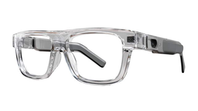 Clear, squared-frame eyeglasses with embedded technology, angled view.  Transparent lenses encompass the frame, and a gray, metallic band is visible along the temples. - Powered by Adobe