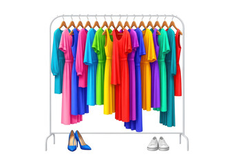 Colorful assortment of dresses hanging on a clothing rack with shoes below isolated on transparent background