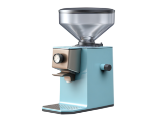 Light teal-blue coffee grinder with transparent bean hopper and dark accents