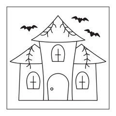 Spooky cartoon outline of a haunted house with bats on a white background Halloween