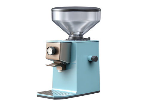 Light teal-blue coffee grinder with transparent bean hopper and dark accents