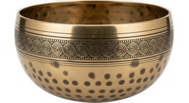 Ornate singing bowl for meditation and sound healing isolated on transparent background